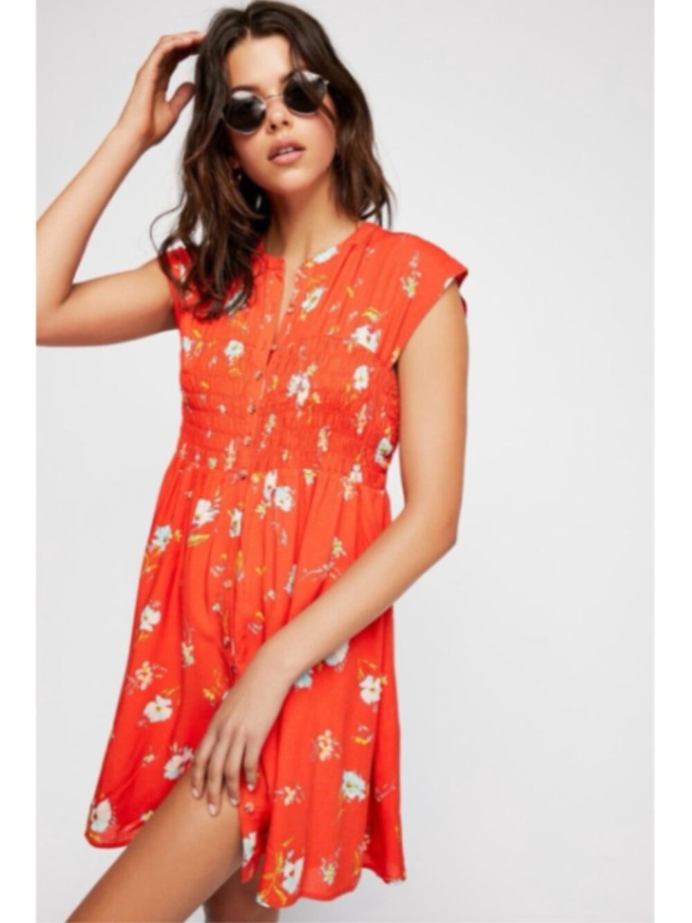 Free People Greatest Day Mini Dress Babydoll Boho Smocked Orange Floral Small